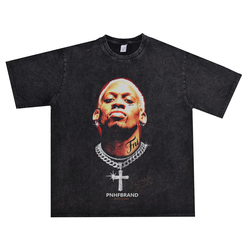 Film Star T Shirt Washed Old American Round Neck Loose T-Shirt Retro Short Sleeve