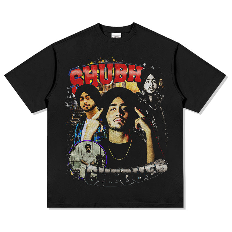 Streetwear masculino vintage hip hop Shubh print short sleeve t-shirt