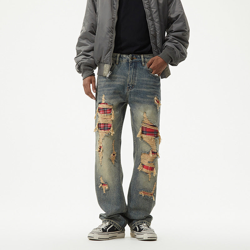 1990 Fashion Jeans Vintage Ripped Patch Loose Straight Jeans