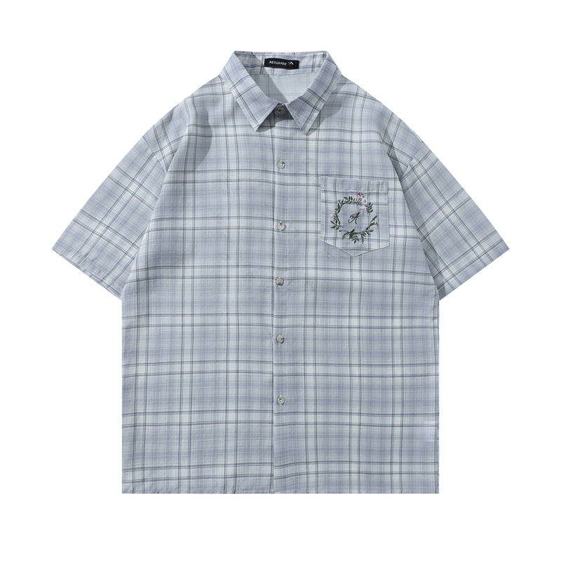 Y2K mens shirt retro plaid lapel loose casual short sleeves