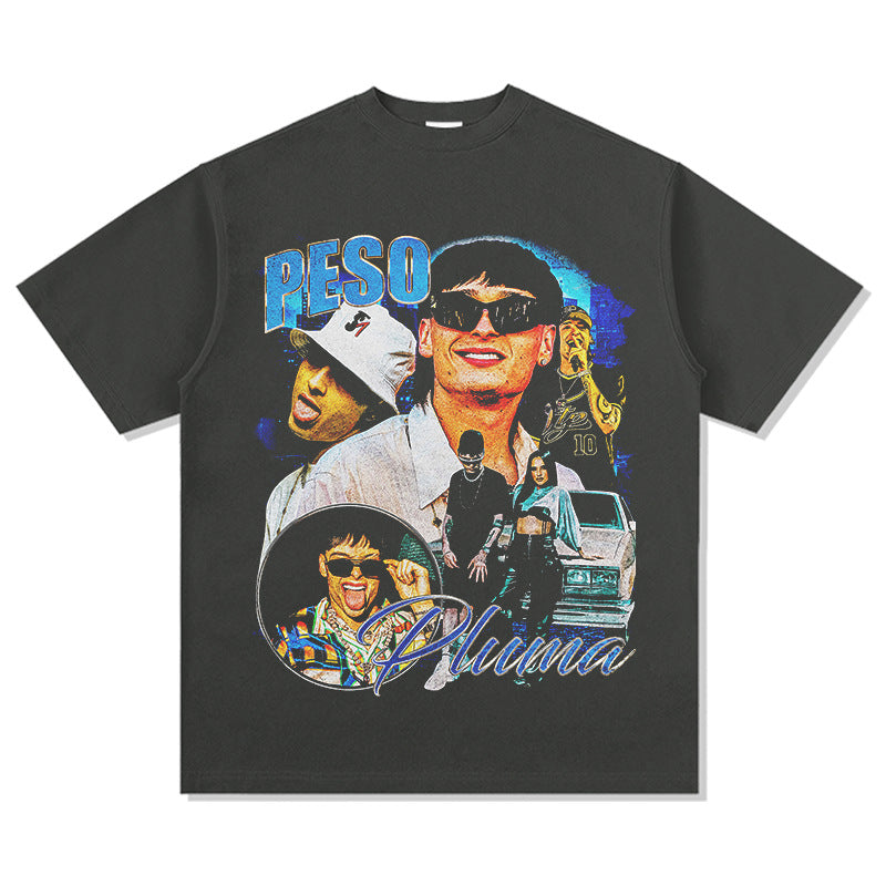Outfit streetwear Vintage Hip Hop Peso Pluma Print Short Sleeve T-Shirt