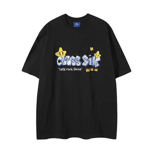 Nyc T Shirt Vintage Graffiti Linked Star Print Short Sleeve T-Shirt Summer Oversize Top