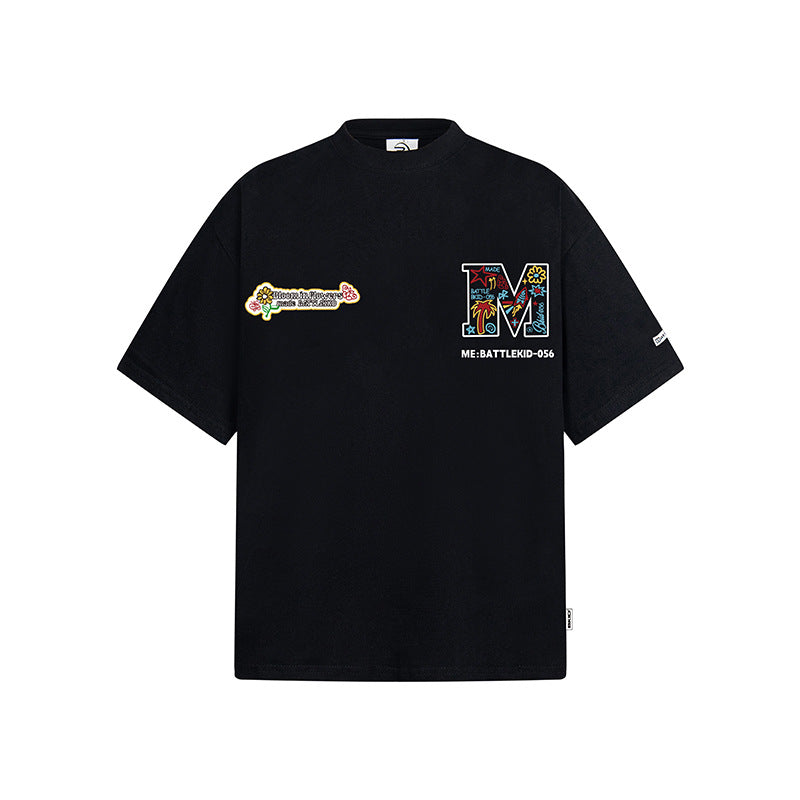 Hip Hop Clothes New York Vintage Alphabet Floral Embroidery Short Sleeve T-Shirt