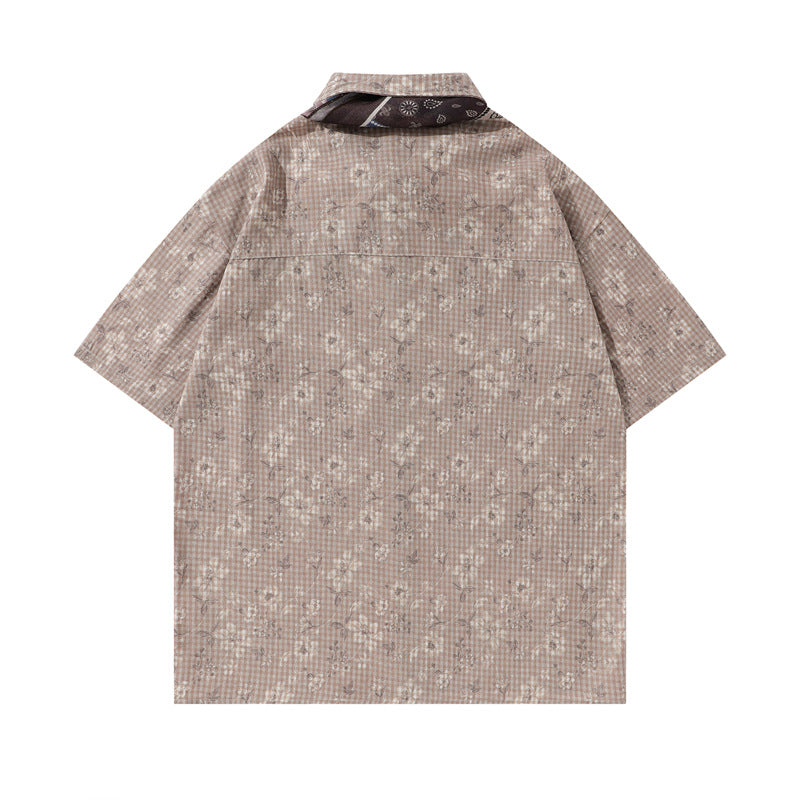 Y2K mens shirt retro loose shirt pleated floral men's casual short-sleeved tie shirt