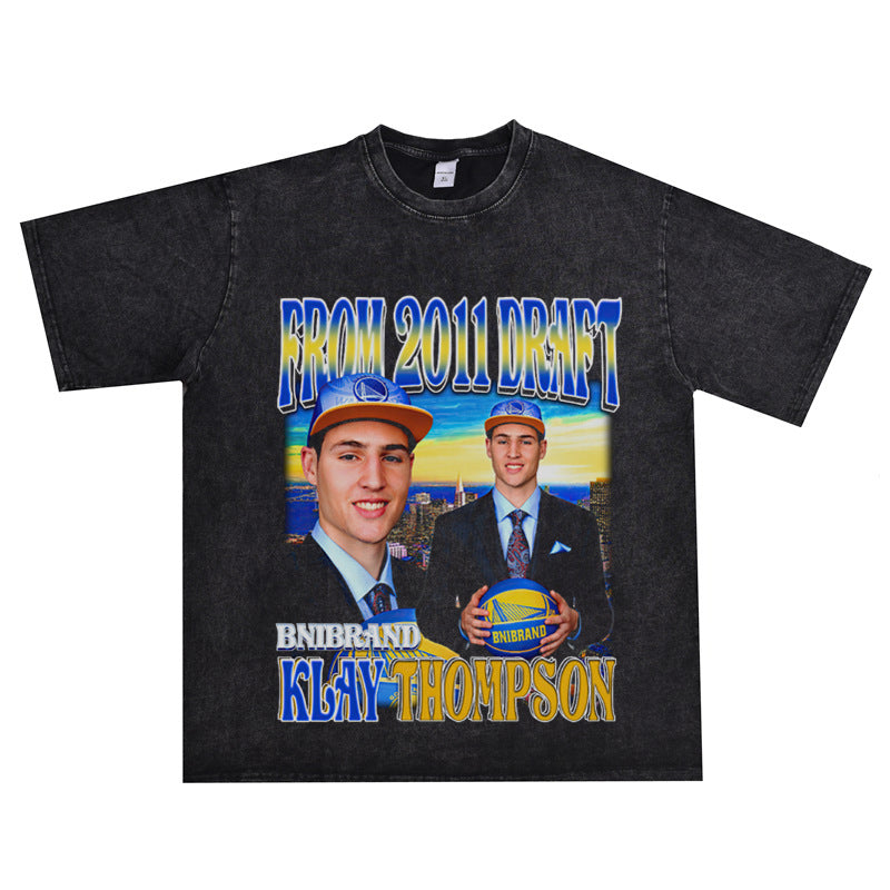Film Star T Shirt Klaythompson Washed Distressed Printed American T-Shirt Retro Loose Short Sleeve
