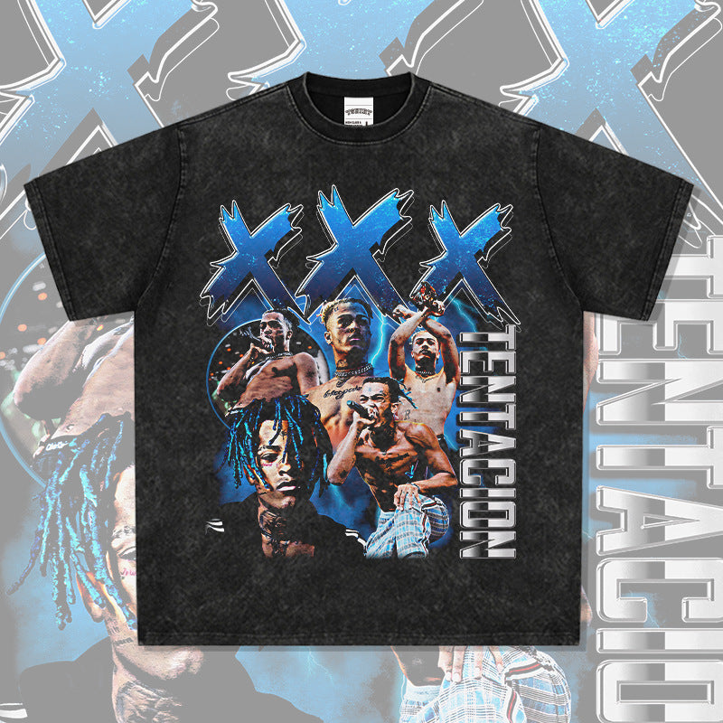 Streetwear masculino vintage hip hop rap XXX Tentacion print short sleeve t-shirt
