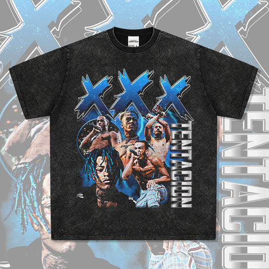 Streetwear masculino vintage hip hop rap XXX Tentacion print short sleeve t-shirt