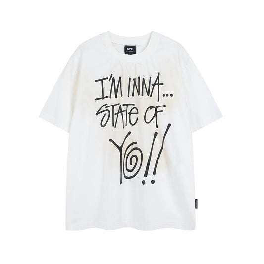 Y2K mens shirt washed loose and old letter question mark printed crew neck T-shirt