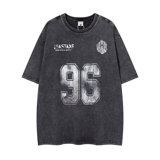 Distorted vintage washed old alphabet print short sleeve t-shirt