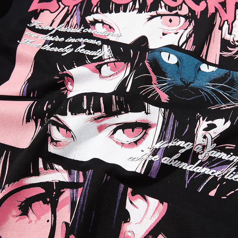 Nyc 1990 Shirt Vintage Anime Print Black Short Sleeve T-Shirt