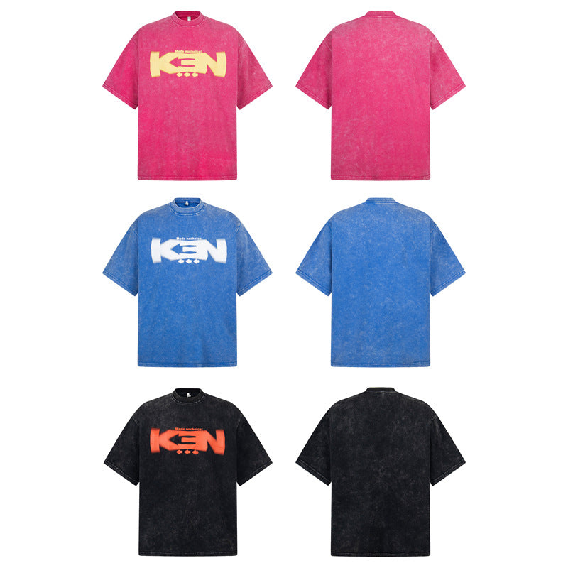 Stone Wash T shirt Retro washed tie-dye washed old printed T-shirt