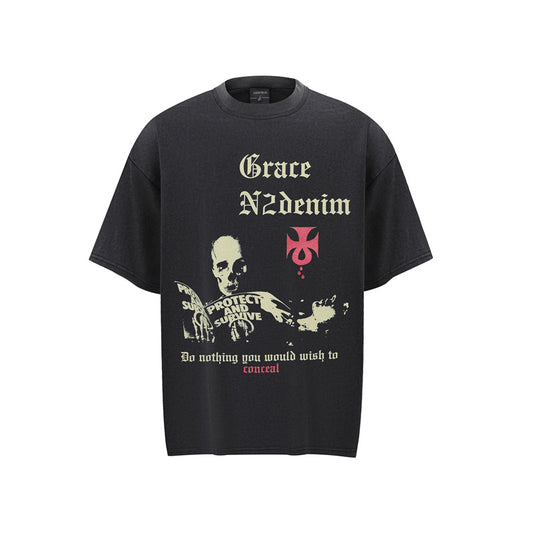 Hustle vintage summer hip hop skull short sleeve t-shirt