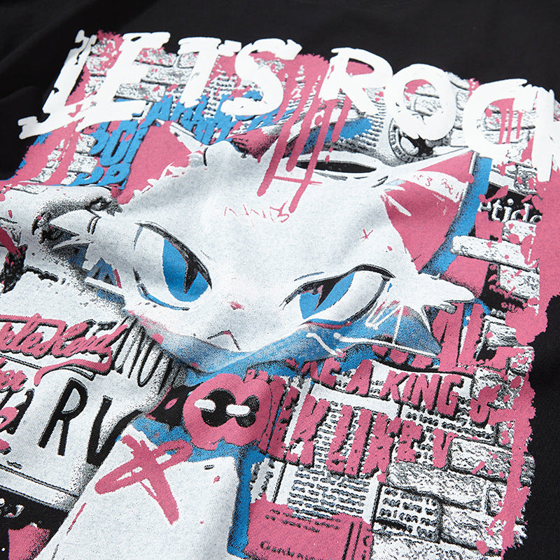 Nyc T Shirt Retro Cat Printed Short Sleeve T-Shirt Summer Loose Casual Top