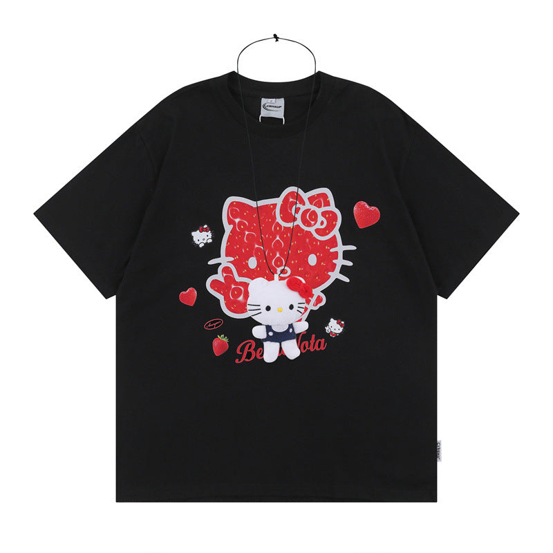 US drip outfits Summer Vintage Pussy Print Casual Loose Short Sleeve T-Shirts