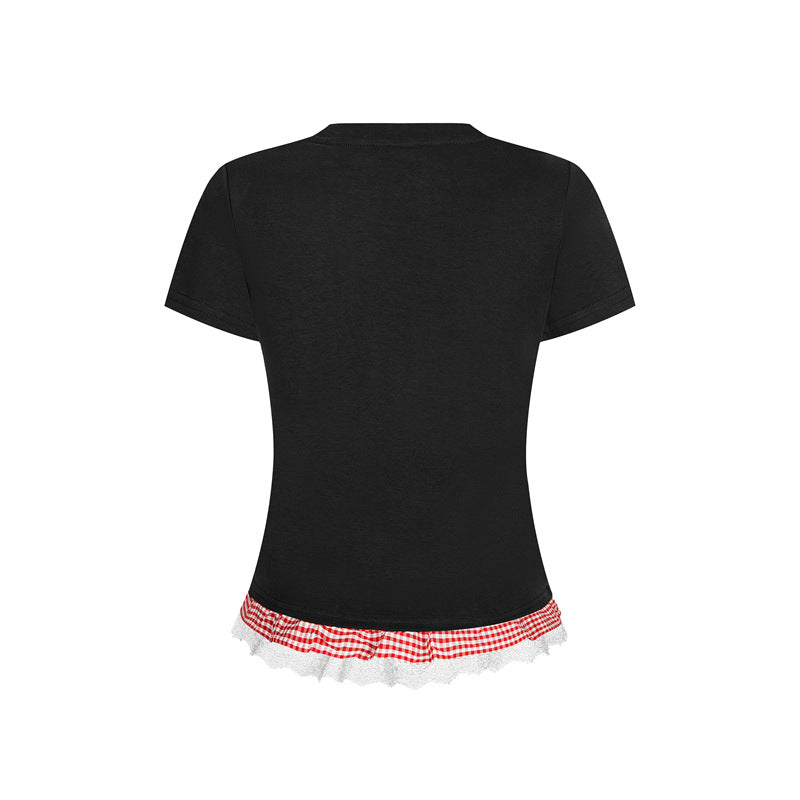 Casual Street Wear Embroidered Classic Alphabet Bow T-Shirt Crew Neck