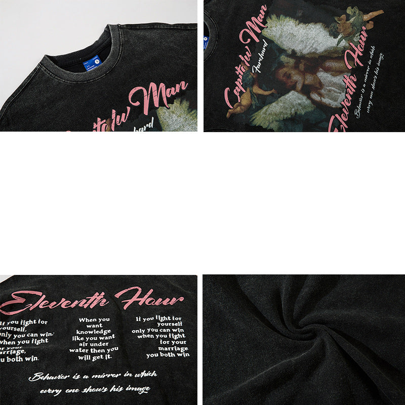Vintage T Shirts Hip Hop Angel Print Washing Water Old Short Sleeve T-Shirt