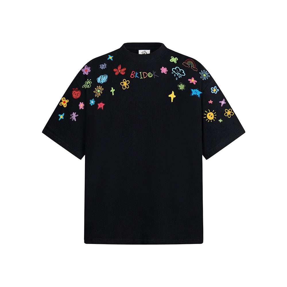 Hip Hop Clothes New York Summer Cartoon Graffiti Print T-Shirt Crew Neck Short Sleeve