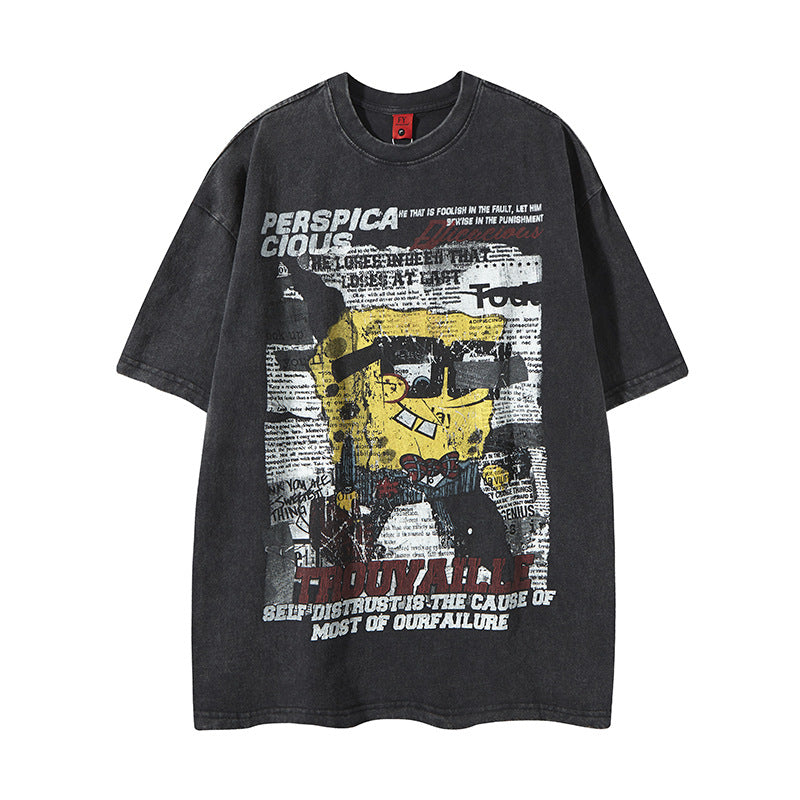 New York Hip Hop Style Old Crew Neck Short Sleeve T-Shirt Hip Hop Loose Top