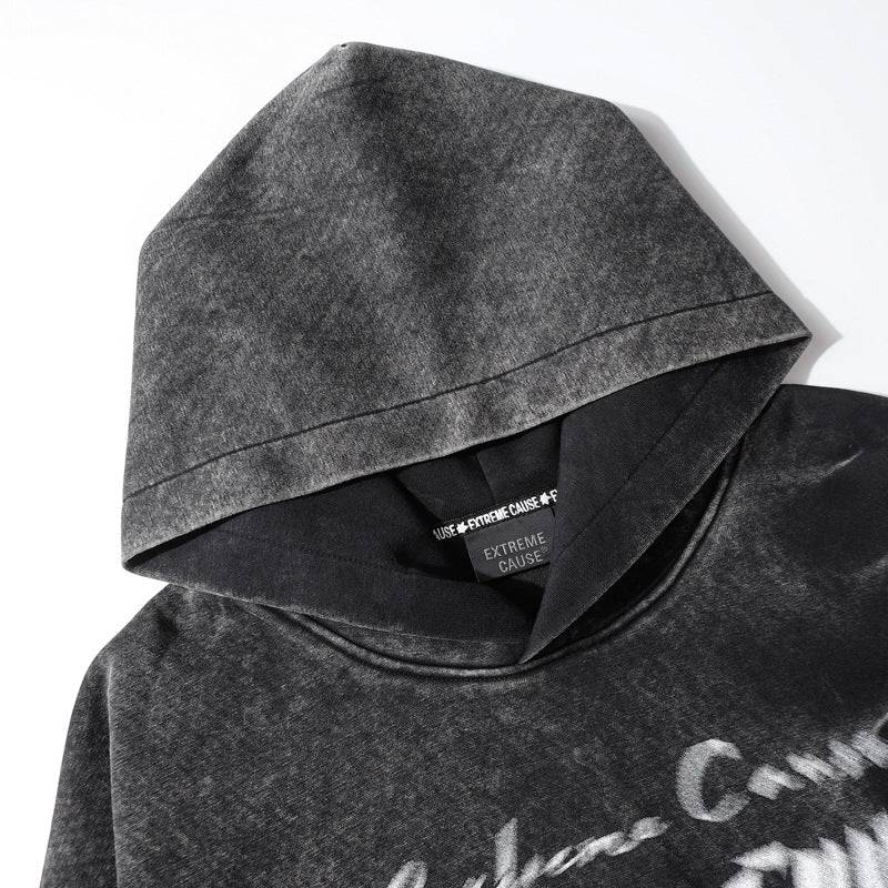Streetwear Hoodie Vintage Washed Old Alphabet Hooded Sweater Hip Hop Loose Hoodie