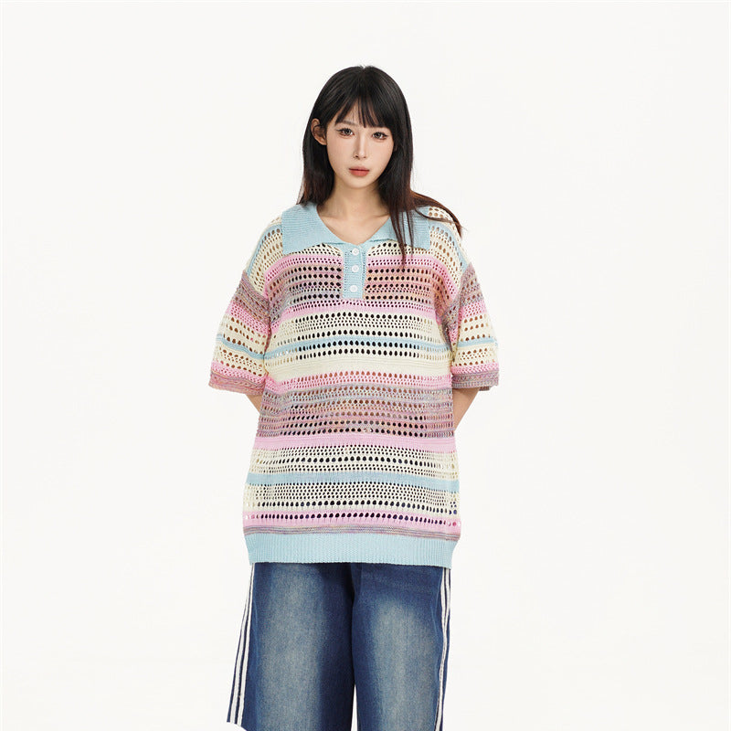 Camisas Retros retro stripes gradual change color spring and summer hollow knit sweater