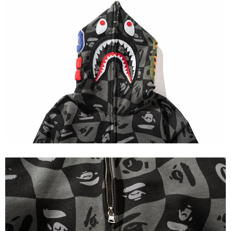 Ape Hoodie Autumn and Winter Ape Shaped Checkered Shark Cardigan Zipper Sweater Jacket