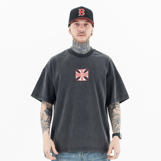 Vintage College Shirts Summer Washed Old Flame Alphabet Print Hip Hop Short Sleeve T-Shirt