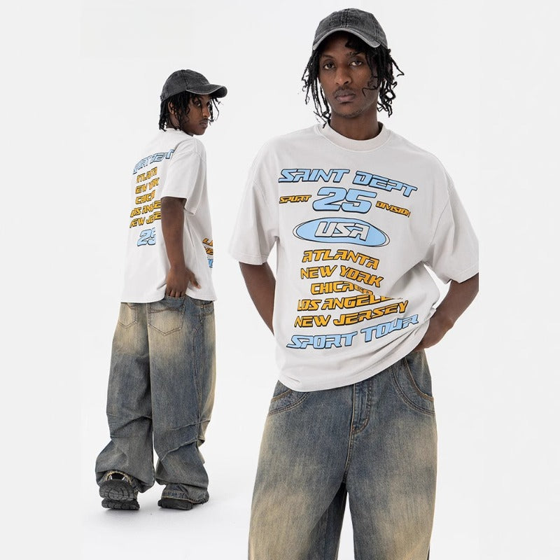 Vintage 90s Hip Hop Clothing Summer Vintage Washed Alphabet Print Crew Neck Short Sleeve T-Shirt