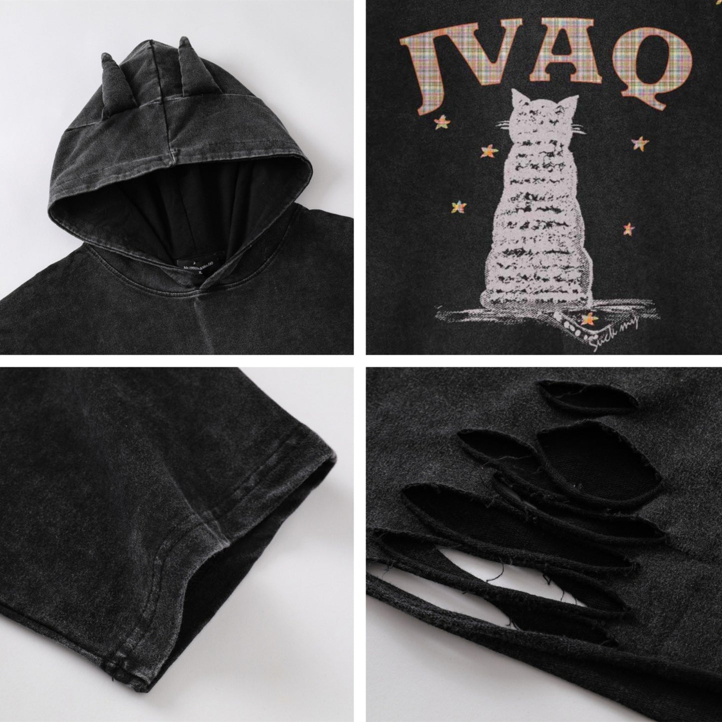 Distorted vintage hooded short-sleeved t-shirt summer loose ripped top