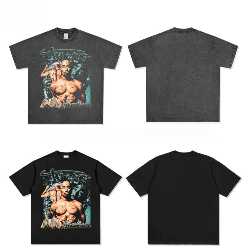 Outfit streetwear vintage hip hop tupac print, short sleeve t-shirt