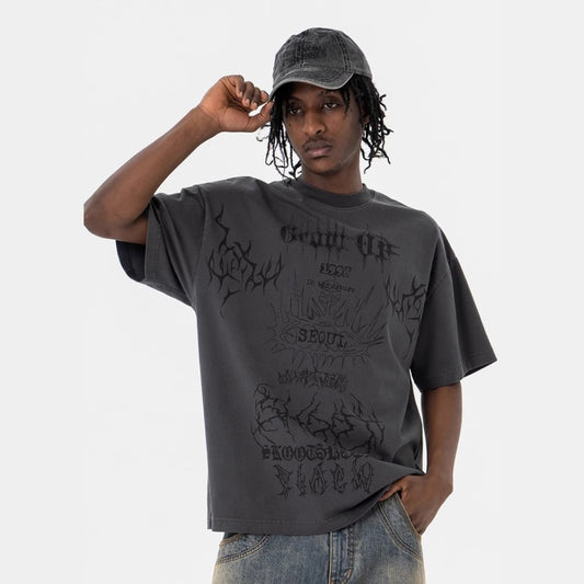 Vic Streetwear Summer Wash Graffiti Letter Print Casual Crew Neck Short Sleeve T-Shirt