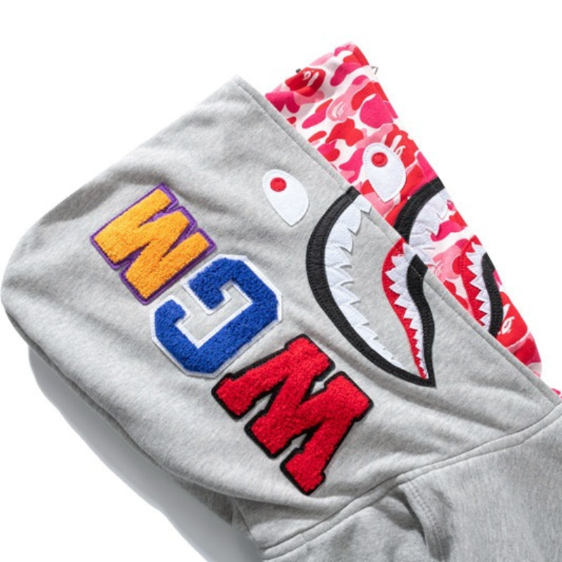 Ape Hoodie Shark Double Hat Embroidered Zip Sweater Casual Loose Hooded Jacket