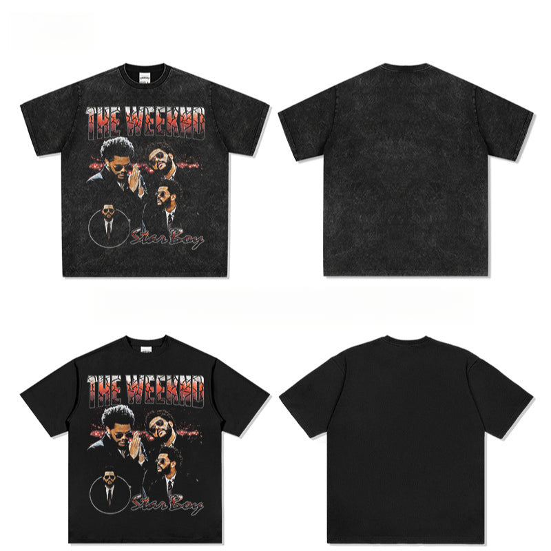 Streetwear masculino vintage weeknd print short sleeve t-shirt hip hop loose vintage
