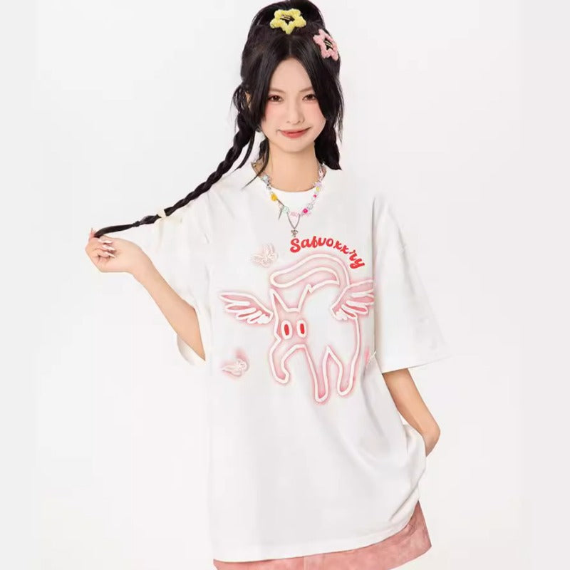 Vintage Tišö Rt Cat Butterfly Short Sleeve T-Shirt Summer Loose Top