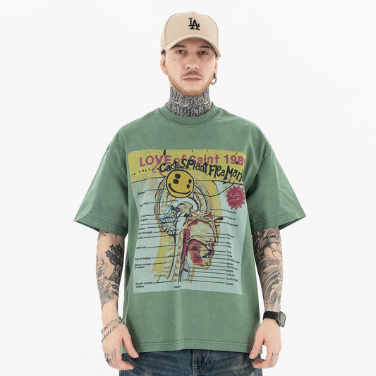 Vintage College Shirts Summer, Casual, Smiley Pattern Short Sleeve T-Shirt