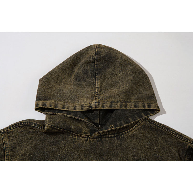 Streetwear Hoodie Vintage Washed Old Denim Hooded Sweater Embroidered Jacket
