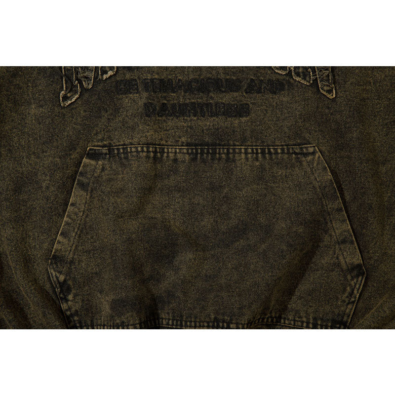 Streetwear Hoodie Vintage Washed Old Denim Hooded Sweater Embroidered Jacket