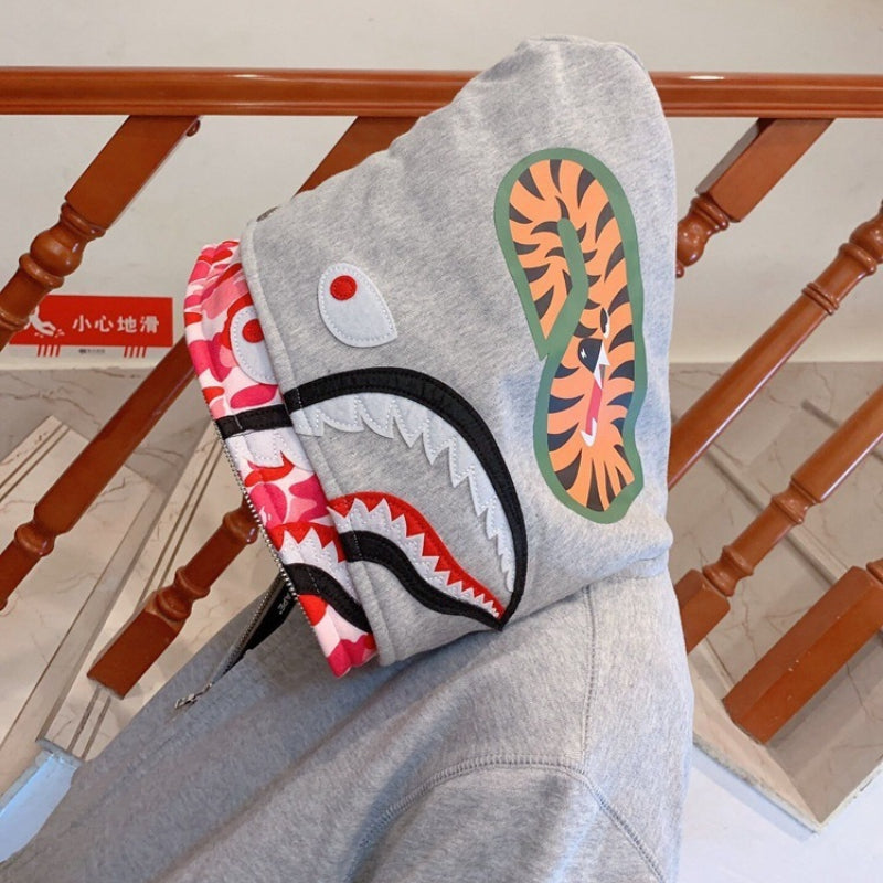 Ape Hoodie Shark Double Hat Embroidered Zip Sweater Casual Loose Hooded Jacket