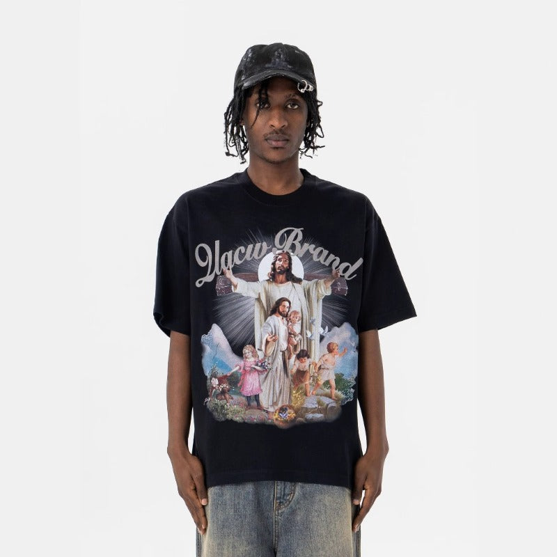 Vic Streetwear Summer Angel Print Crew Neck Short Sleeve T-Shirt