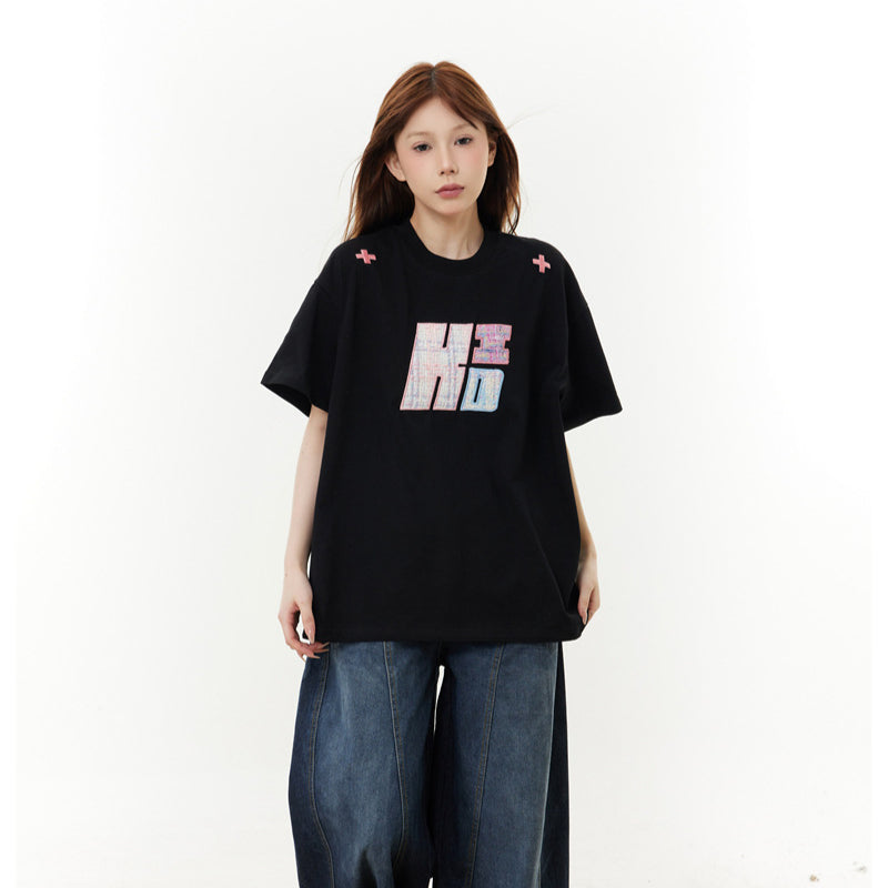 Camisas Retros Embroidered Printed Short Sleeve T-Shirt Summer Loose Casual Top