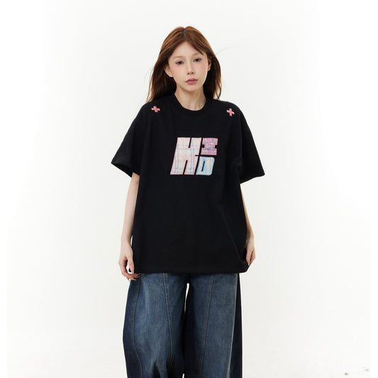 Camisas Retros Embroidered Printed Short Sleeve T-Shirt Summer Loose Casual Top