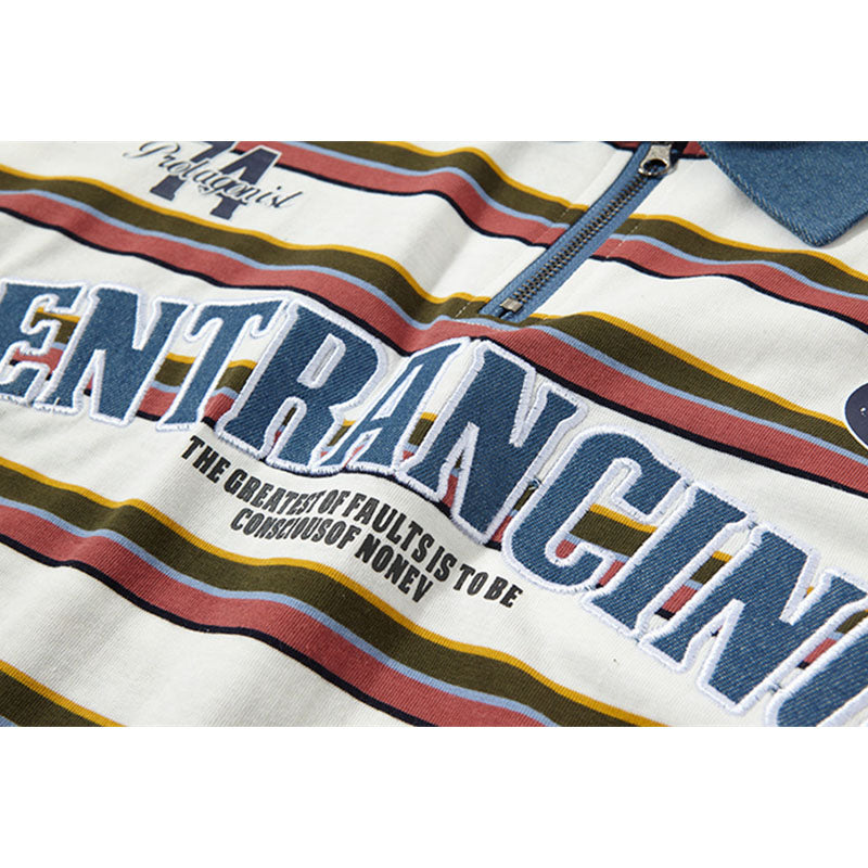 New York Hip Hop Style Vintage Striped Short Sleeve POLO Shirt Summer Alphabet Embroidered Lapel T-Shirt
