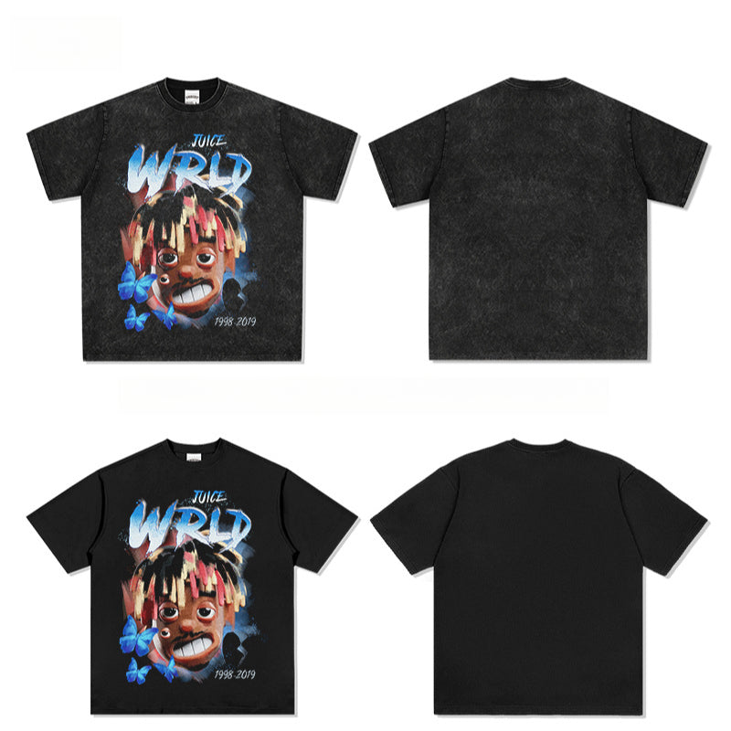 Cool t rapper rap Juice Wrld print hip hop short sleeve vintage loose