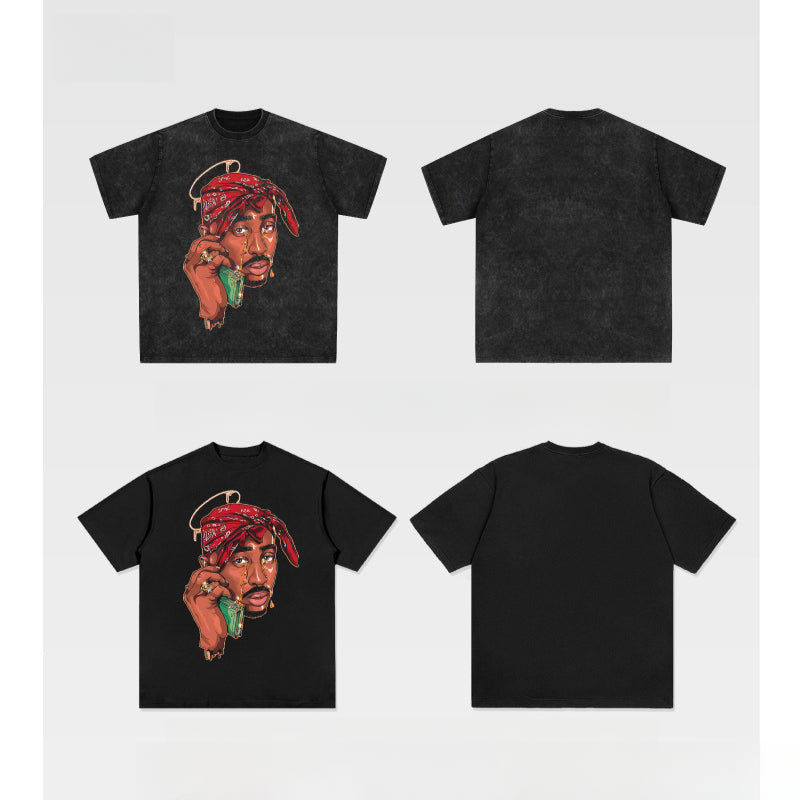 Streetwear masculino vintage hip hop tupac print short sleeve t-shirt
