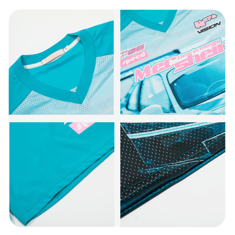 Racing oversized t shirt V-neck racing print mesh shirt T-shirt