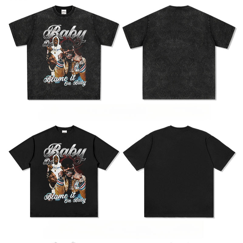 Cool t rapper DaBaby print hip hop rap short sleeve men t retro washed t-shirt loose top