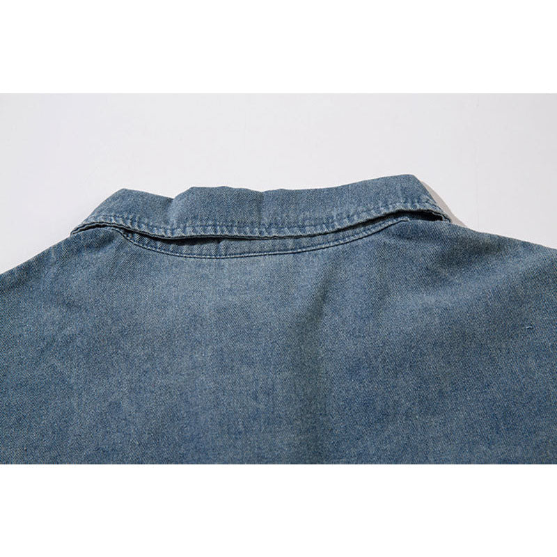New York Hip Hop Style Washed Denim POLO Neck Long Sleeve T-Shirt Loose oversize