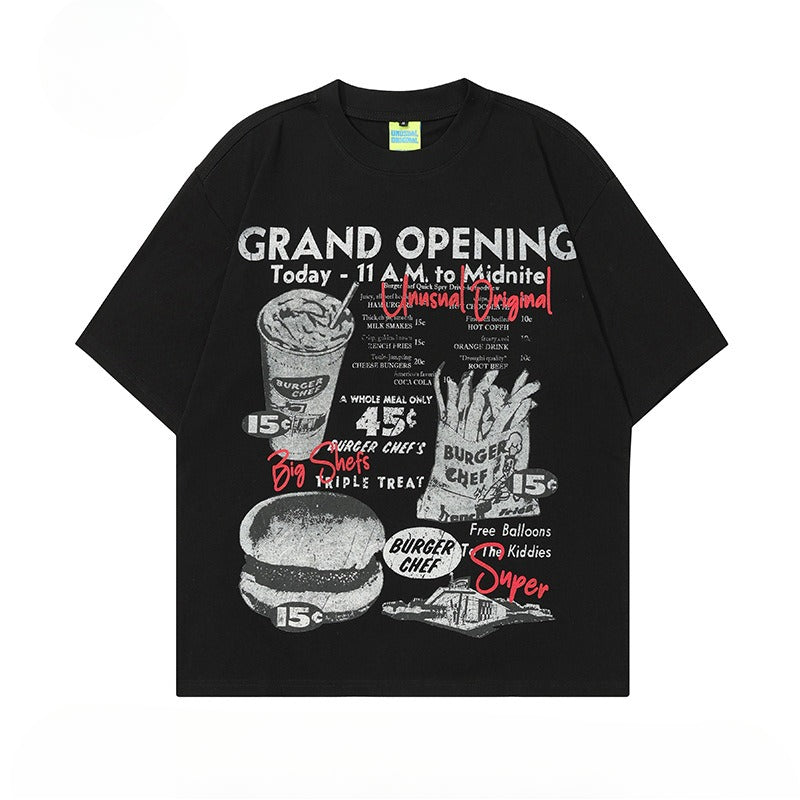 90s West Coast Hip Hop Fashion T Shirts Burger Fries Print Spring Summer Short Sleeve T-Shirt