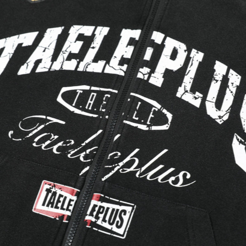 Streetwear Hoodie Vintage Washed Old Letter Print Hooded Sweater Cardigan Jacket