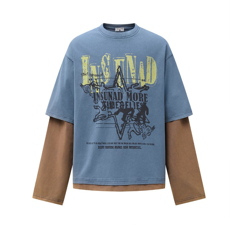 Unisex long-sleeved shirt autum color-blocked fake two-piece