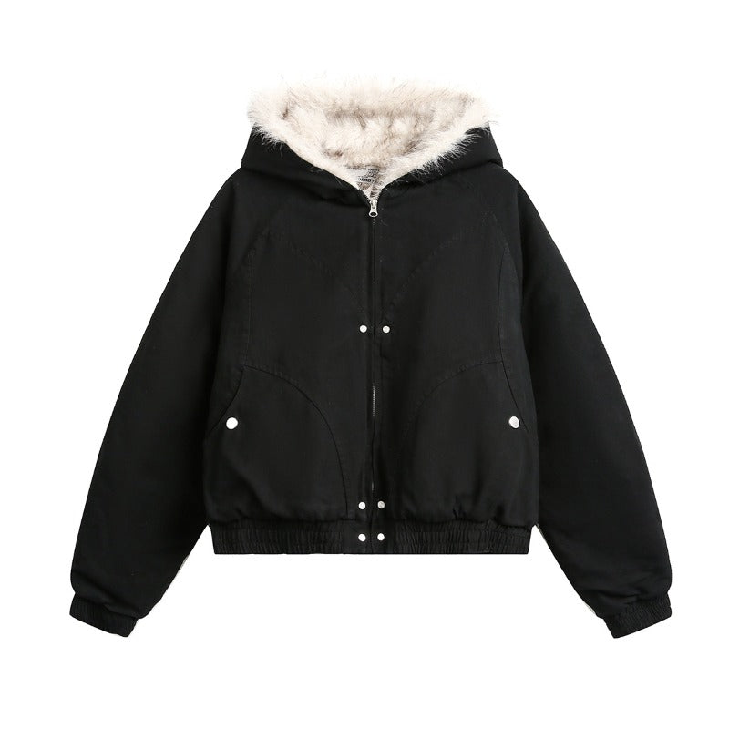 Unisex Down Jacket Winter Fleece Vintage Thermal Hooded Fur Collar Jacket